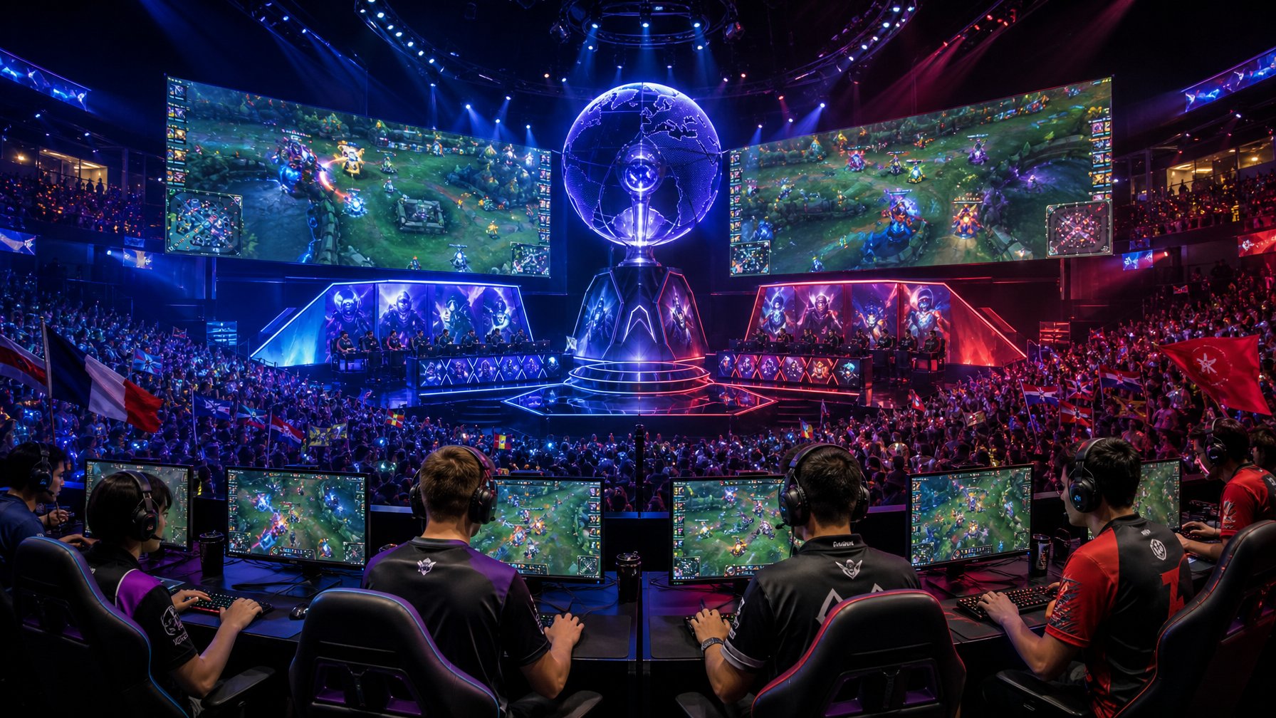 Arena esports yang penuh semangat dengan pemain MOBA yang fokus bermain dan penonton yang antusias menyambut kompetisi besar.