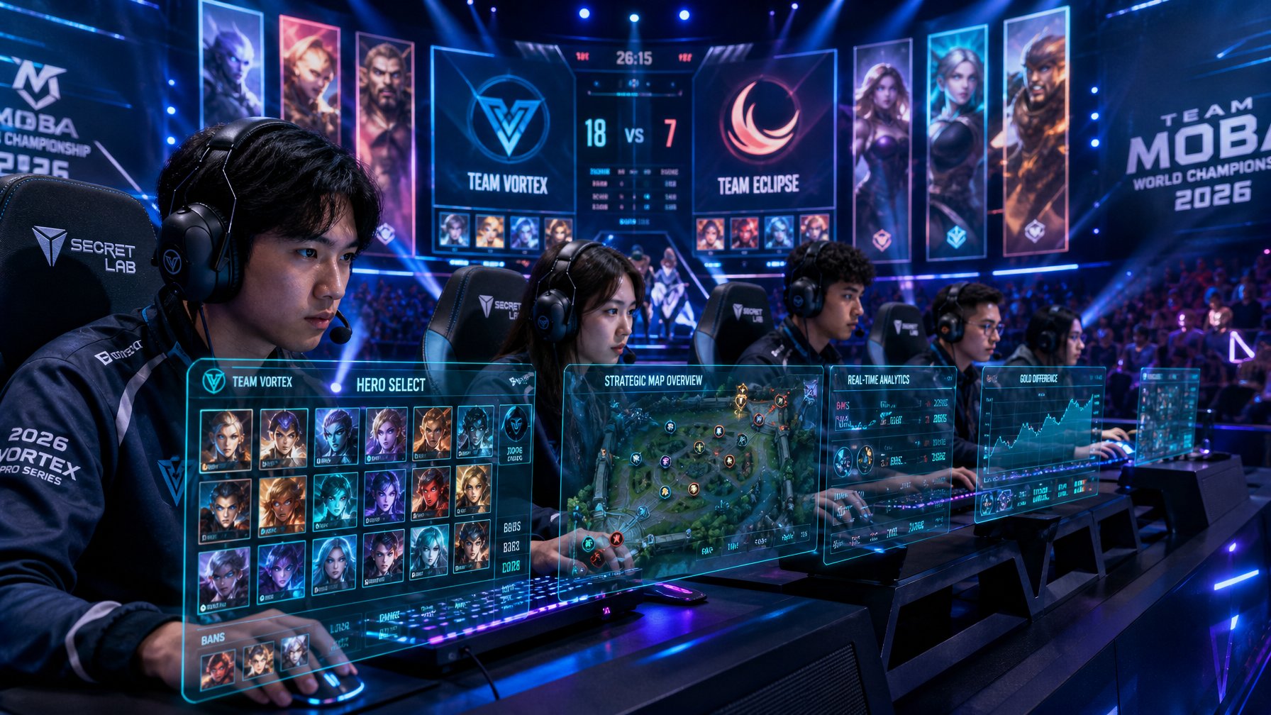 Sekelompok pemain esports sedang bermain di turnamen MOBA dengan layar holografik dan arena yang ramai.