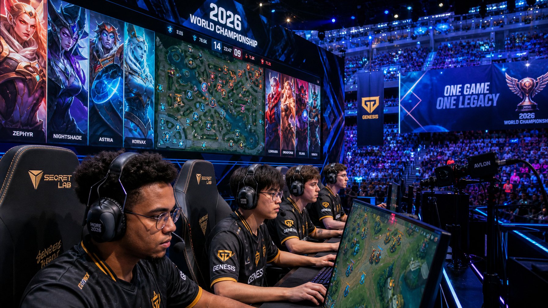 Para pemain esports sedang bertanding dalam turnamen MOBA dengan layar besar menampilkan karakter pahlawan dan strategi permainan.