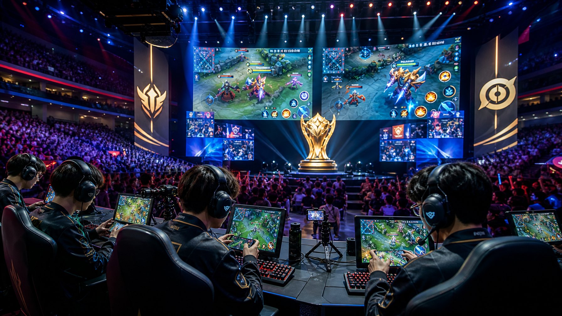 Suasana turnamen esports dengan pemain profesional yang fokus bermain Mobile Legends dan Honor of Kings di arena kompetisi yang ramai dan penuh semangat.