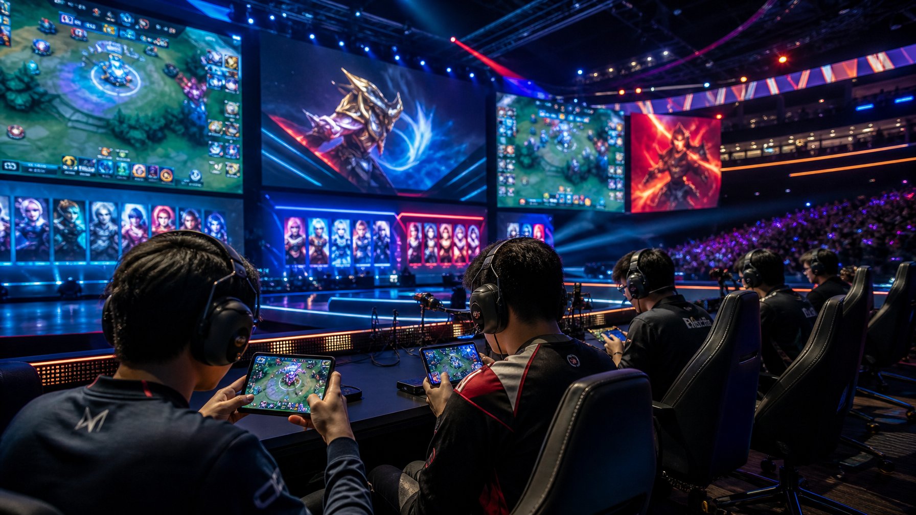 Suasana kompetisi esports dengan pemain profesional yang fokus bermain Mobile Legends dan Honor of Kings di arena besar dengan penonton yang antusias.