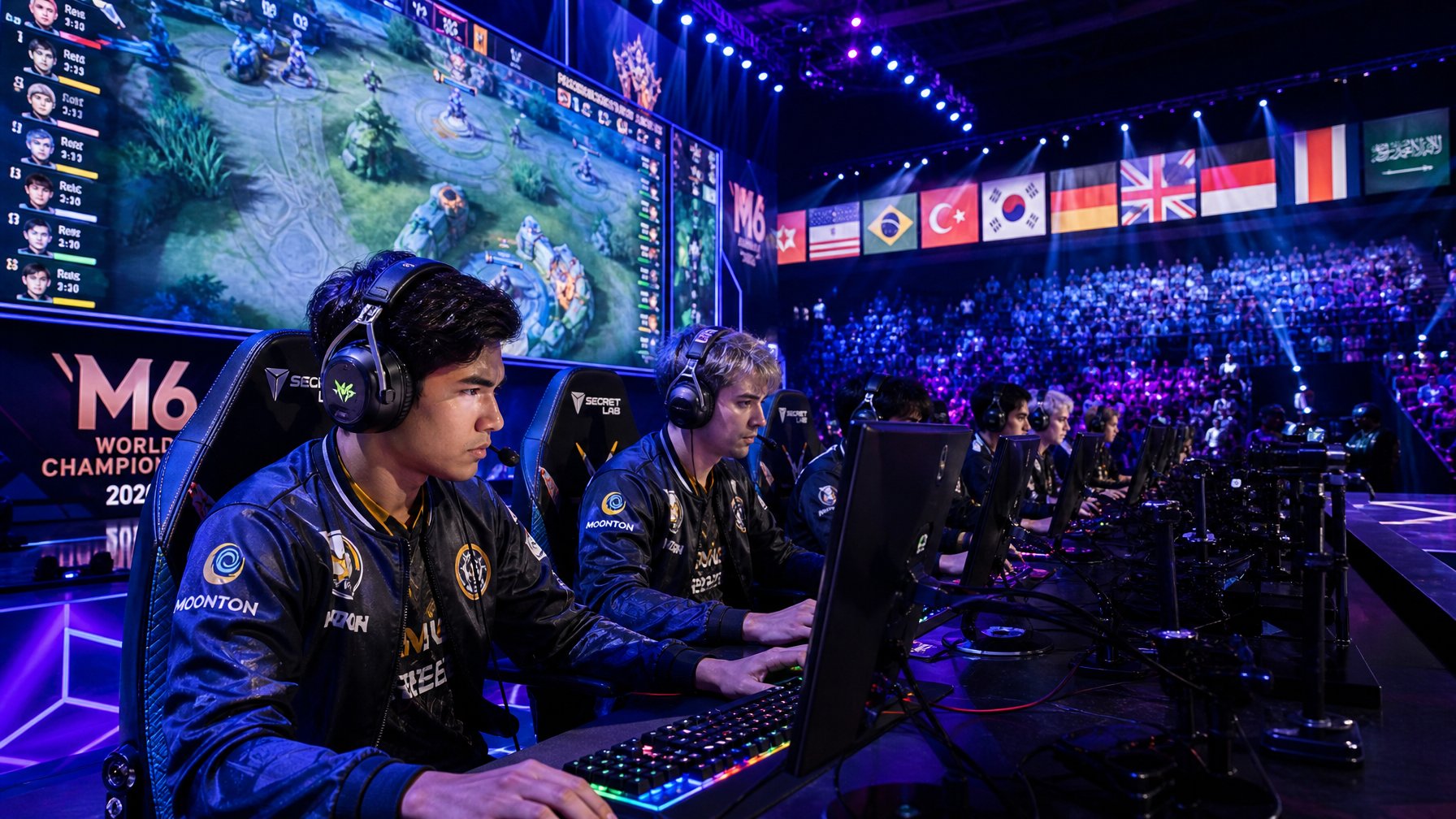 Sekelompok pemain esports sedang berlaga di arena permainan MOBA dengan layar besar dan penonton di latar belakang.