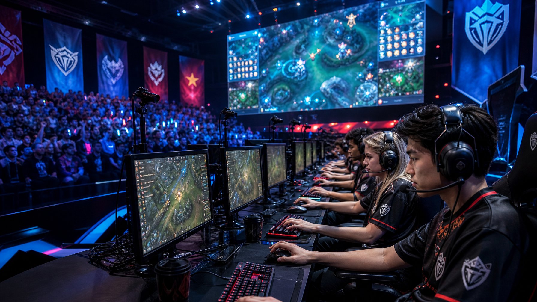Suasana kompetisi esports MOBA internasional dengan pemain profesional yang fokus bermain di arena dengan penonton dan layar besar di latar belakang.