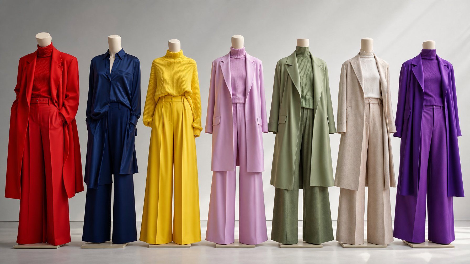 Tujuh manekin mengenakan pakaian dengan warna berbeda yang diprediksi menjadi tren fashion tahun 2026, berdiri berdampingan di studio dengan latar belakang sederhana.