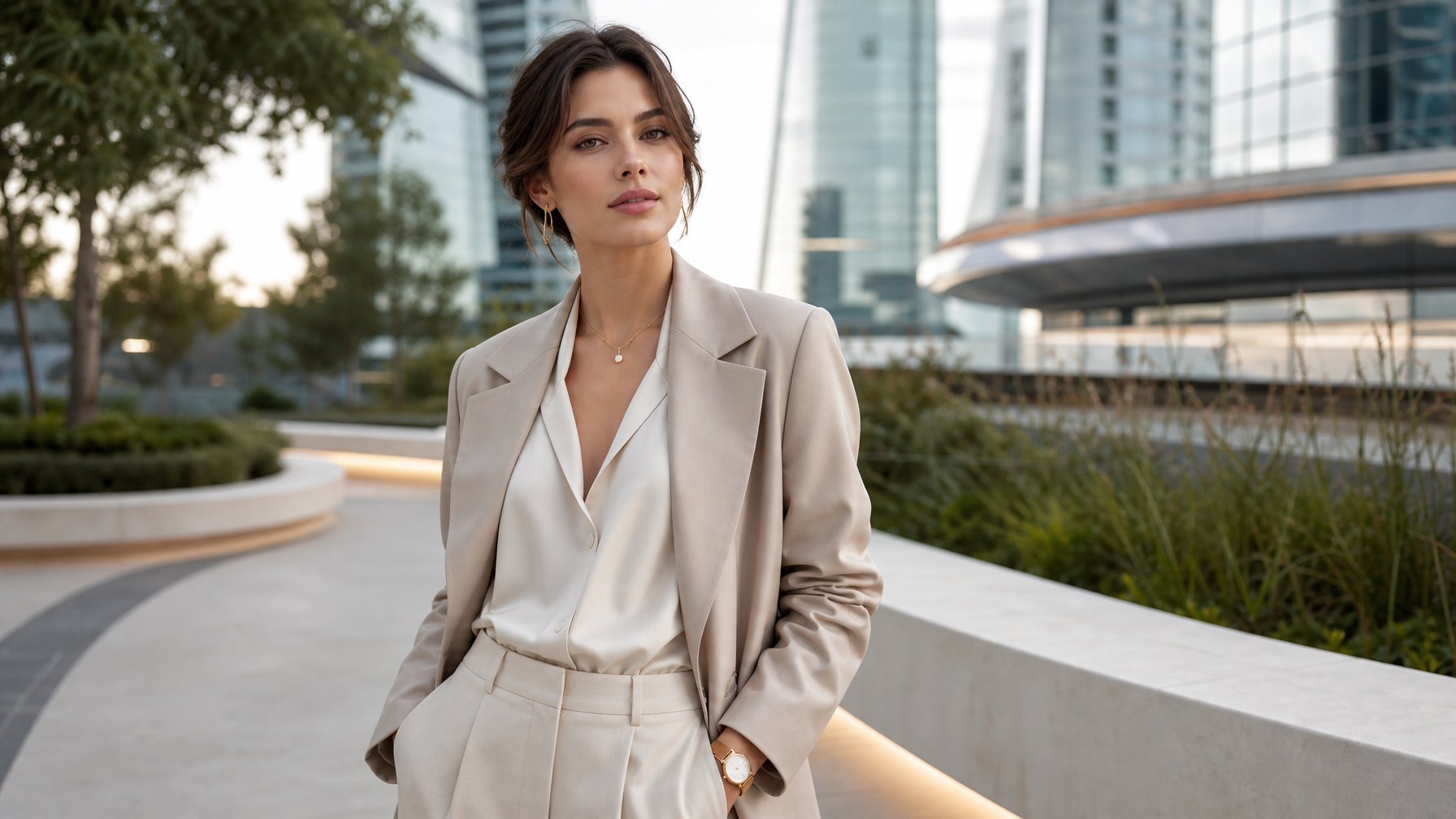 Seorang wanita muda berdiri di lingkungan perkotaan modern dengan pakaian sederhana dan elegan, mengenakan warna netral dan aksesori minimalis.