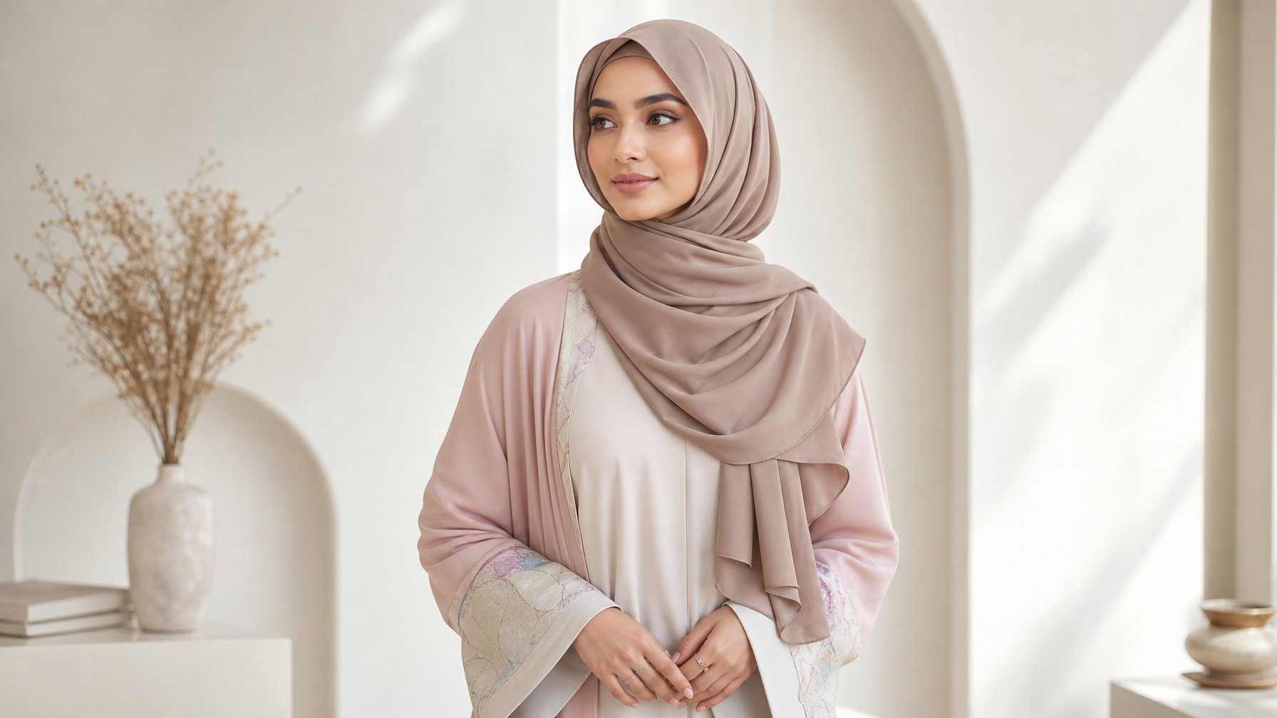 Seorang wanita Muslim mengenakan hijab dan pakaian modern berdiri dengan latar belakang minimalis dan pencahayaan alami.