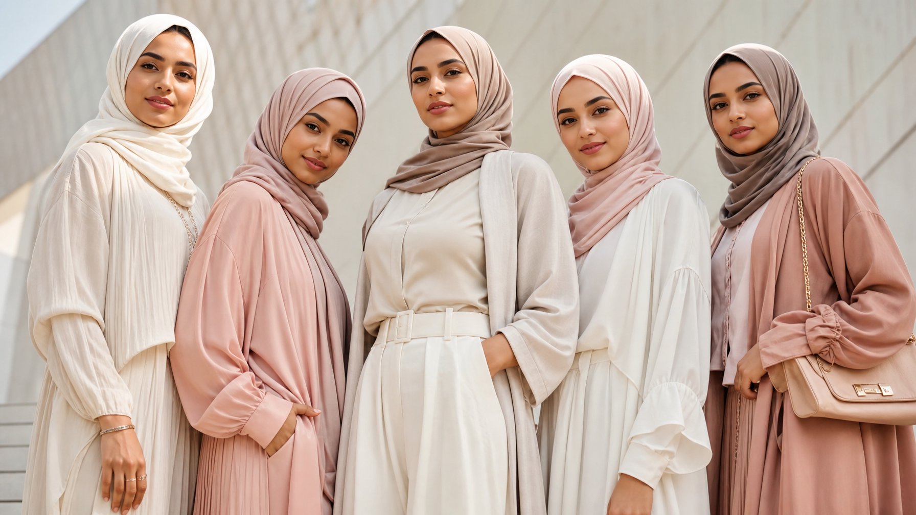 Sekelompok wanita Muslim mengenakan hijab dan busana modern berdiri di luar ruangan dengan latar belakang perkotaan.