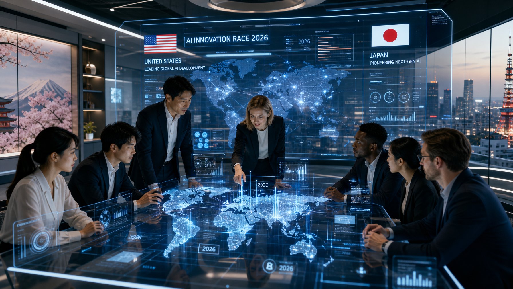 Sejumlah profesional bekerja bersama di kantor modern dengan tampilan holografik dan peta digital yang menunjukkan kemajuan teknologi AI dan koneksi global, menandakan persaingan negara maju dalam inovasi AI pada tahun 2026.