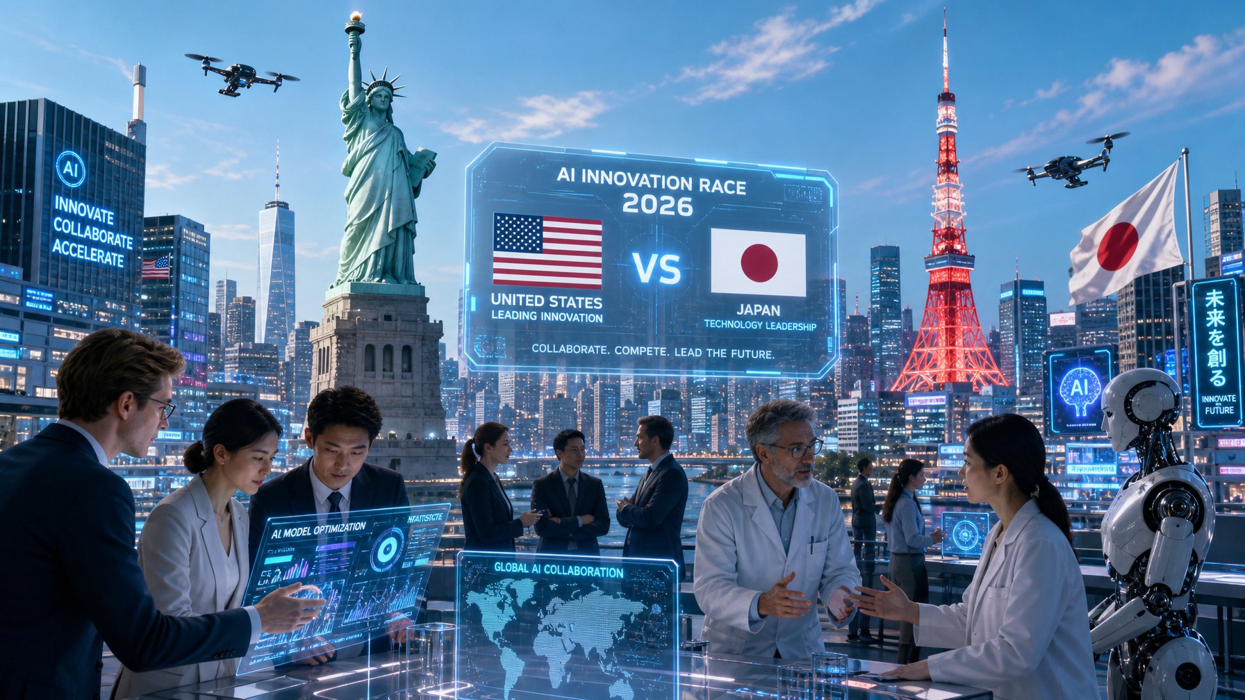 Pemandangan kota futuristik dengan profesional dari Amerika Serikat dan Jepang bekerja sama di bidang kecerdasan buatan.