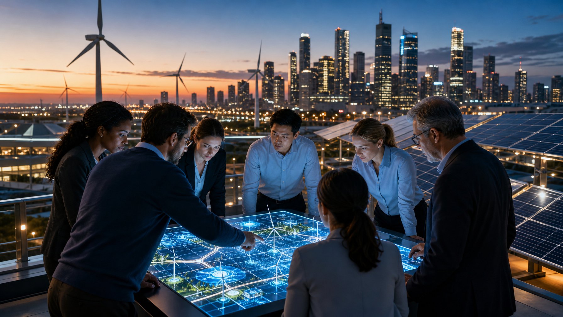 Pemandangan kota modern dengan gedung pencakar langit yang terang, para ahli energi berdiskusi di depan layar digital, dan turbin angin serta panel surya di latar belakang.