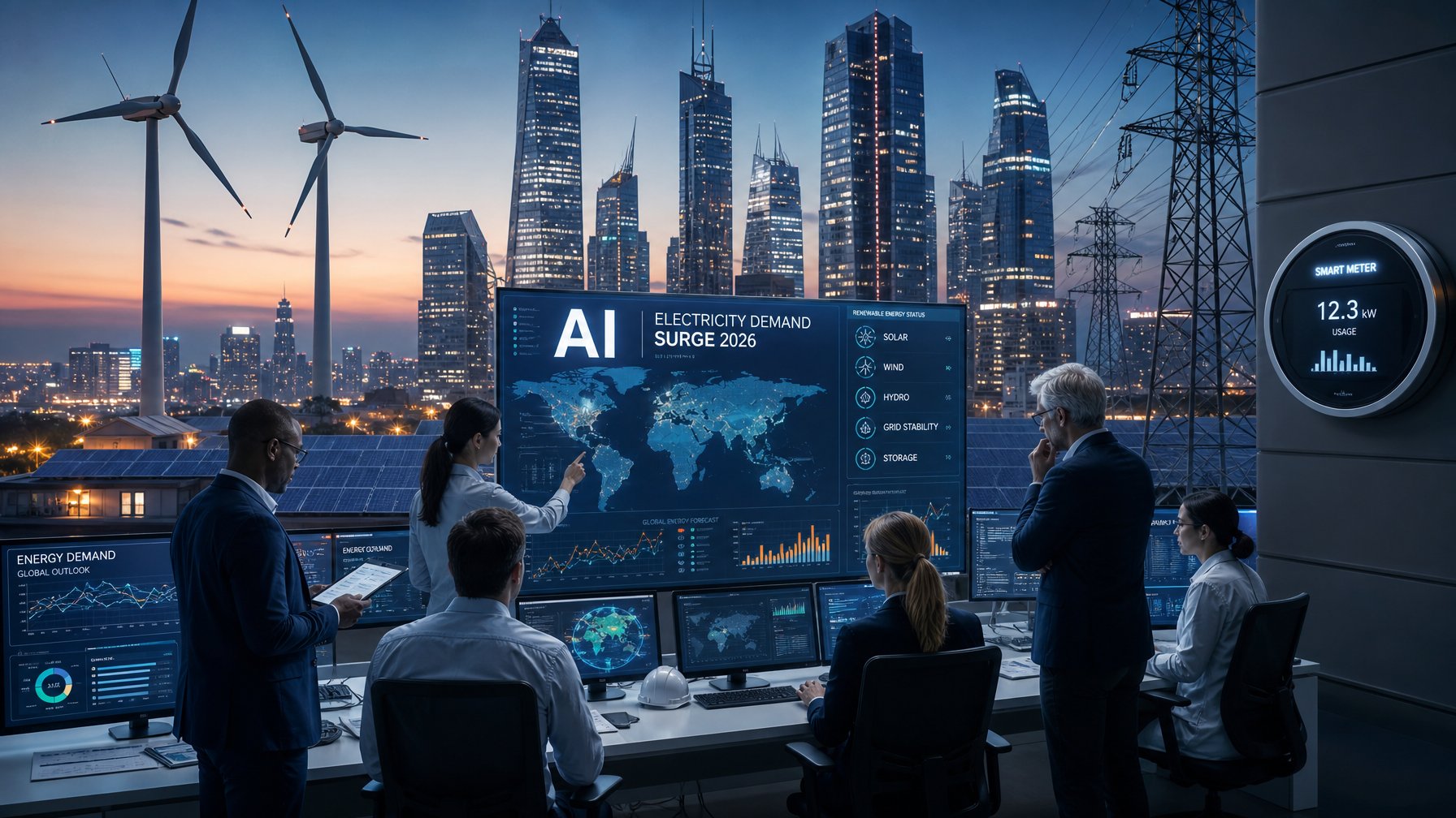 Sekelompok insinyur dan ahli energi sedang menganalisis data di depan layar digital dengan latar belakang kota futuristik dan sumber energi terbarukan.