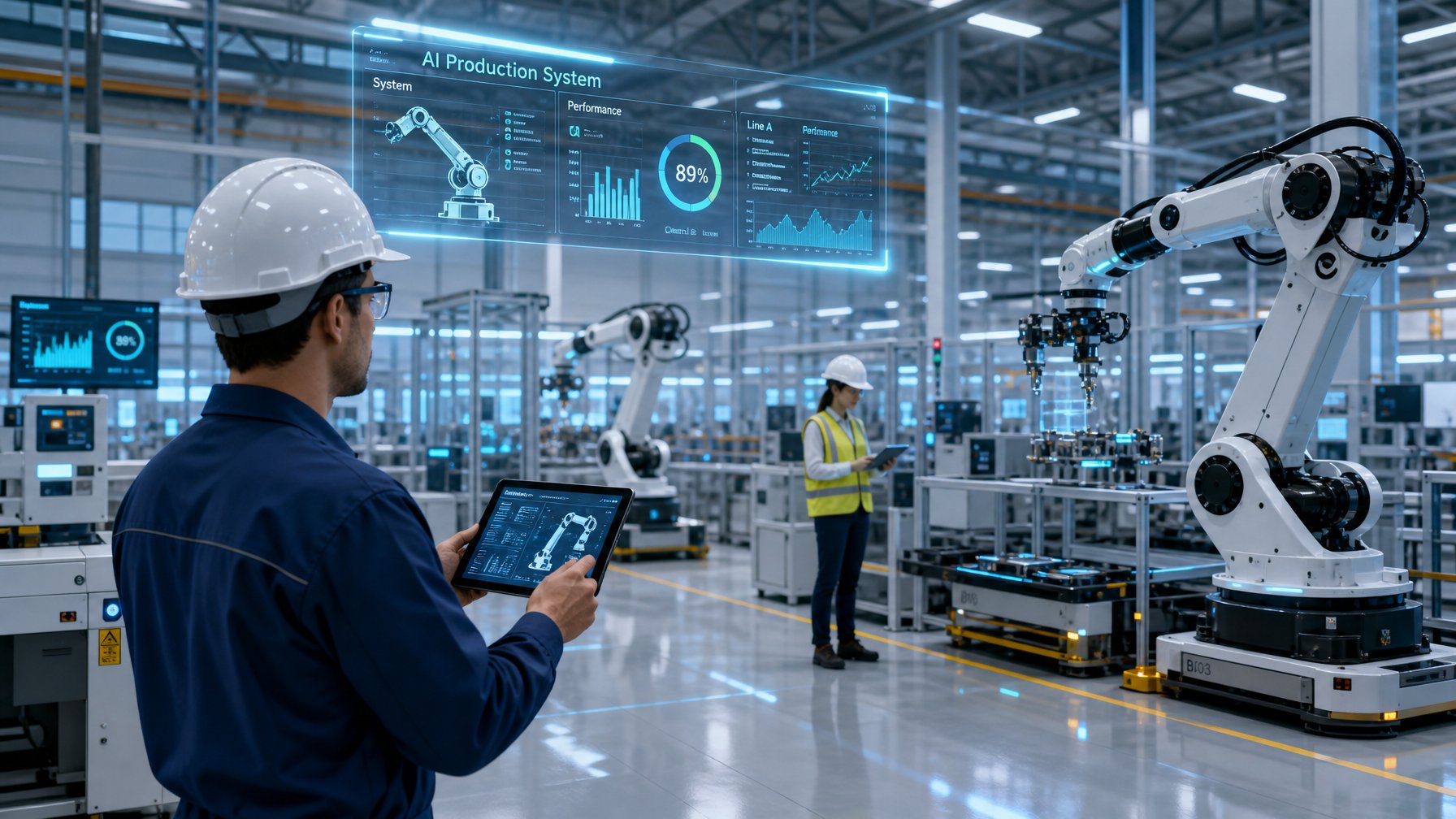 Pemandangan pabrik modern dengan robot dan manusia bekerja bersama menggunakan teknologi canggih.