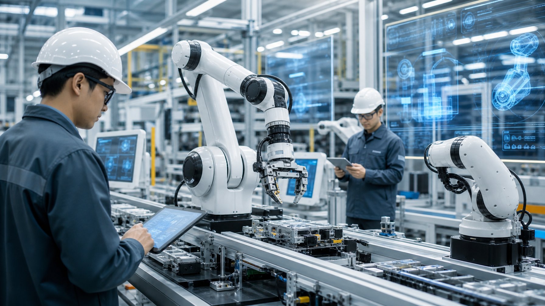 Pabrik modern dengan robot dan mesin AI bekerja bersama insinyur manusia dalam proses produksi industri.