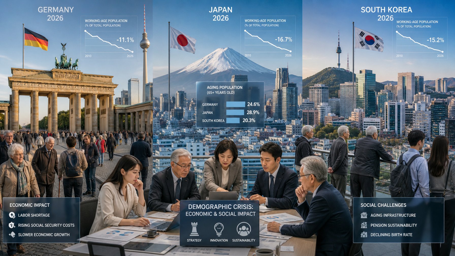 Pemandangan kota modern di Jerman, Jepang, dan Korea Selatan dengan orang-orang dari berbagai usia menunjukkan krisis populasi dan dampaknya pada ekonomi dan sosial.
