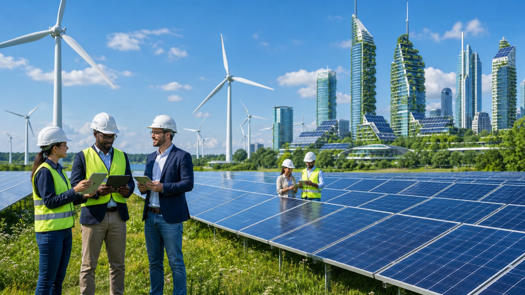 Pemandangan ladang turbin angin dan panel surya dengan para insinyur sedang memeriksa instalasi energi terbarukan di dekat kota modern yang ramah lingkungan.