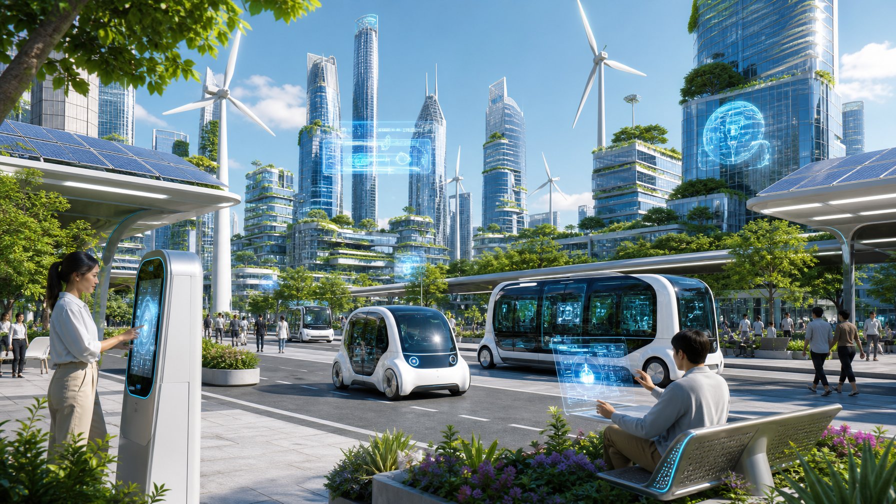 Pemandangan kota pintar masa depan dengan gedung modern, kendaraan otonom, dan sumber energi terbarukan seperti panel surya dan turbin angin.