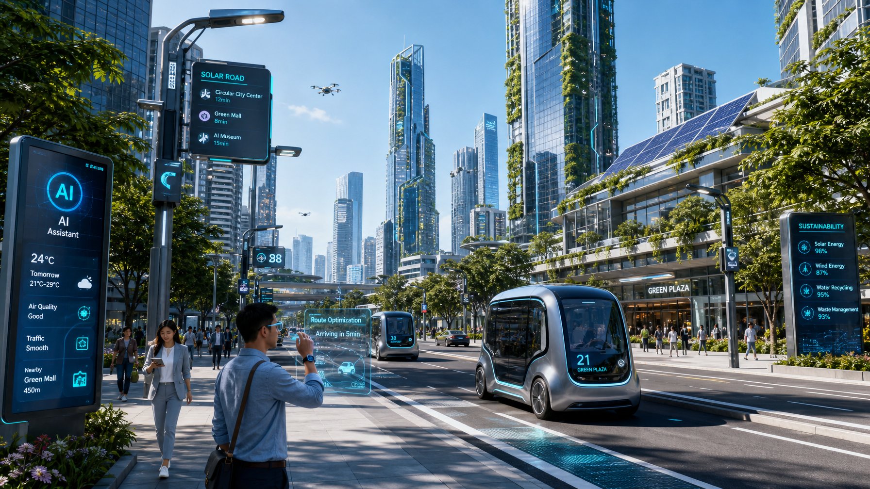 Pemandangan kota futuristik dengan kendaraan otonom, gedung-gedung modern berpanel surya, dan elemen teknologi cerdas yang terintegrasi.