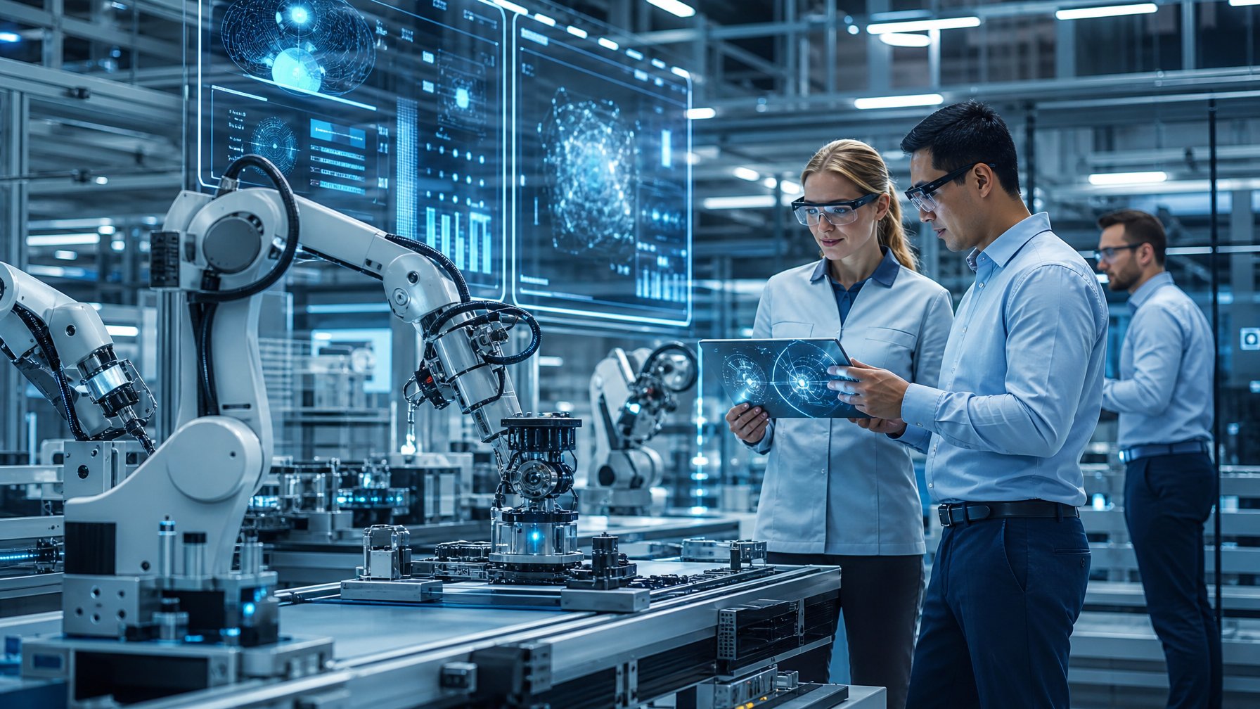 Pabrik modern dengan robot otomatis dan tenaga kerja menggunakan teknologi canggih seperti layar digital dan perangkat holografik.