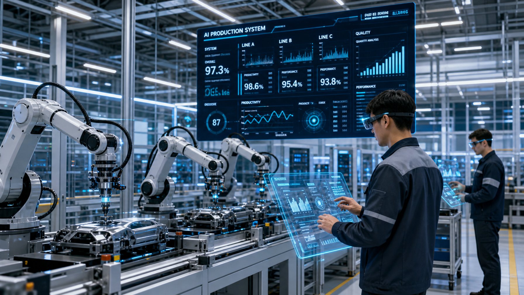 Pemandangan fasilitas manufaktur canggih dengan robot dan teknologi digital yang digunakan oleh teknisi di negara maju.