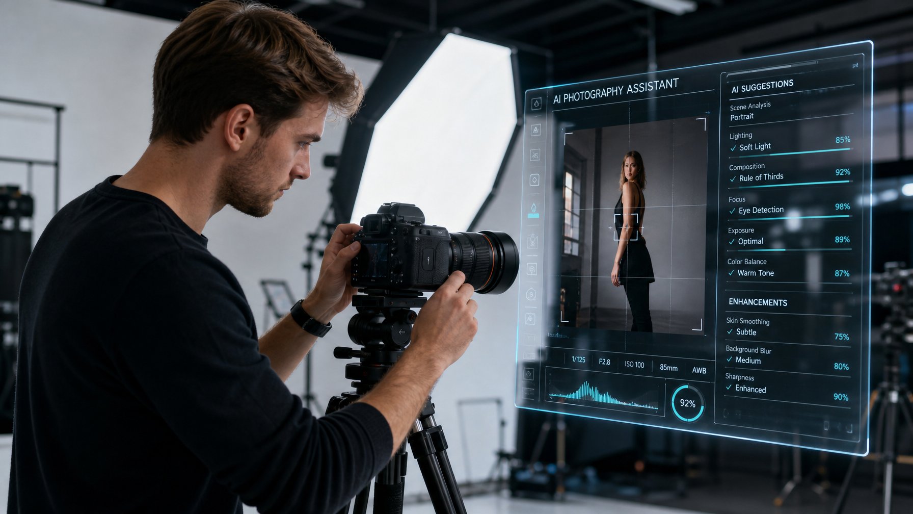 Seorang fotografer sedang mengatur kamera profesional di studio dengan layar holografik AI yang menampilkan saran pengaturan kamera.