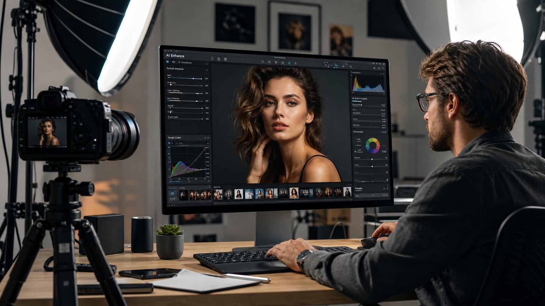 Seorang fotografer menggunakan kamera profesional dan komputer dengan perangkat lunak pengeditan foto di studio fotografi.