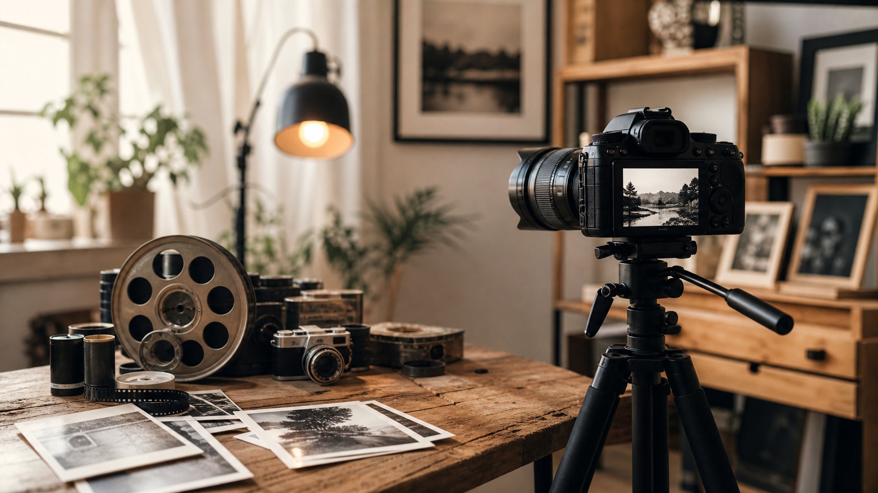 Sebuah kamera digital modern di atas tripod dengan meja kayu berisi gulungan film dan aksesori kamera lama di ruang studio yang nyaman.