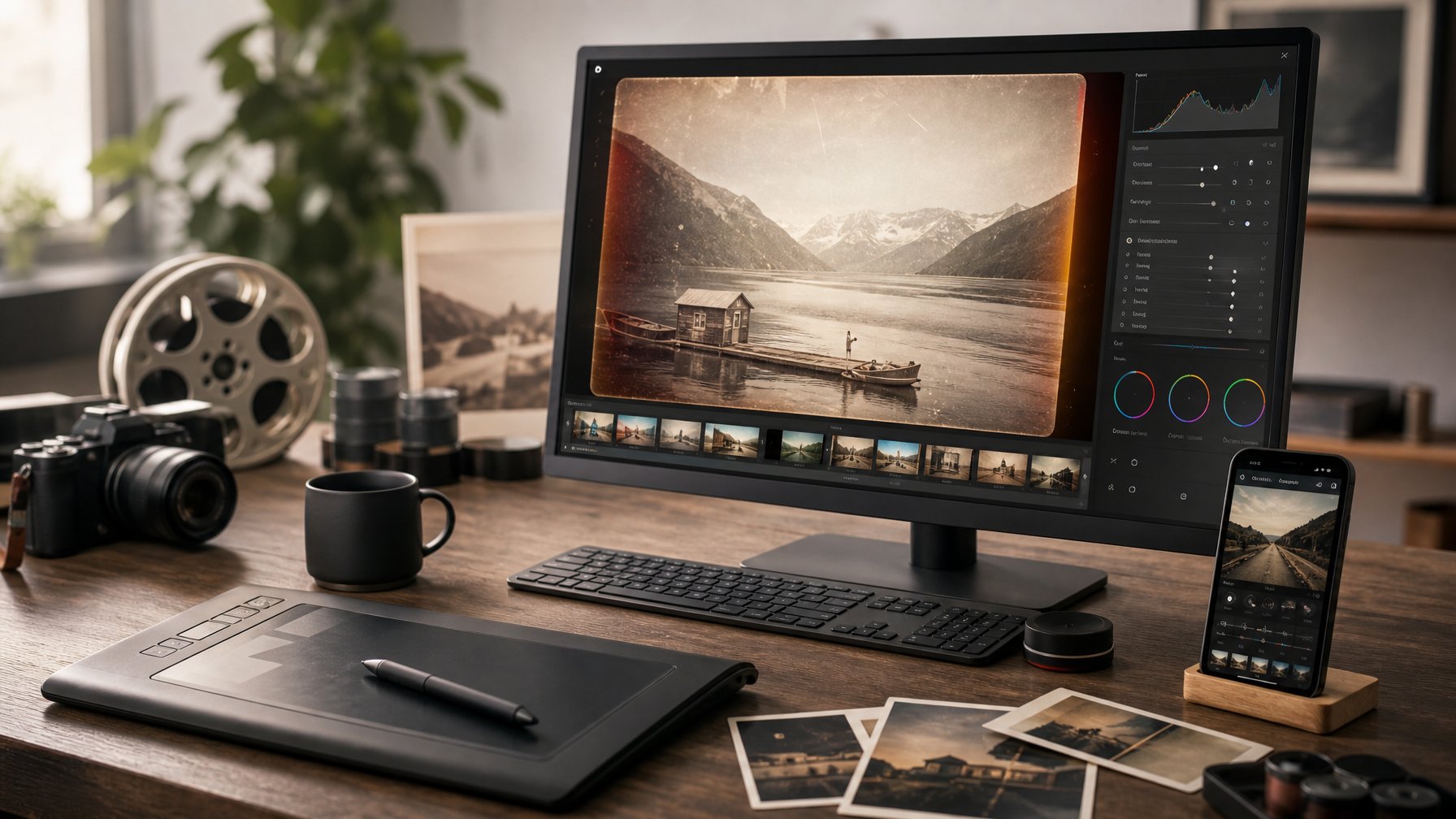 Sebuah meja kerja modern dengan komputer dan perangkat digital yang menampilkan proses pengeditan foto vintage.