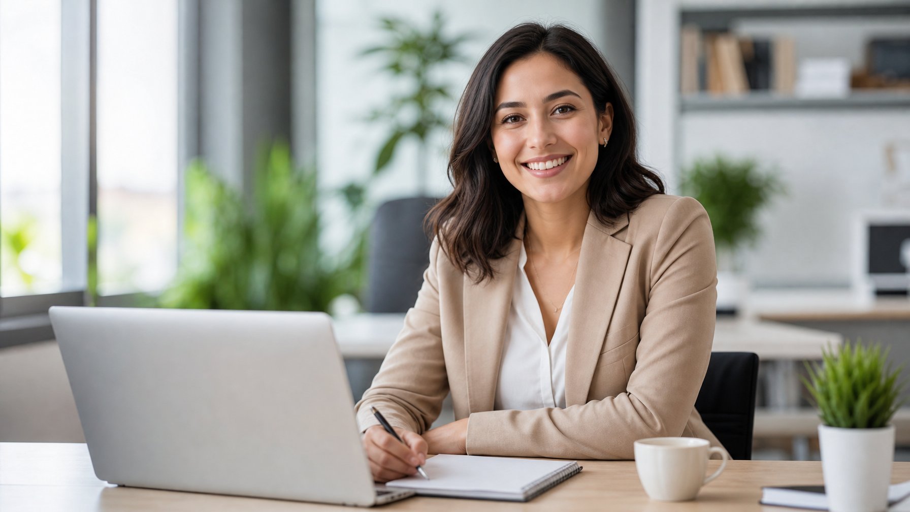 Seseorang duduk di meja kantor modern dengan laptop dan secangkir kopi, tersenyum hangat dan terlihat percaya diri.