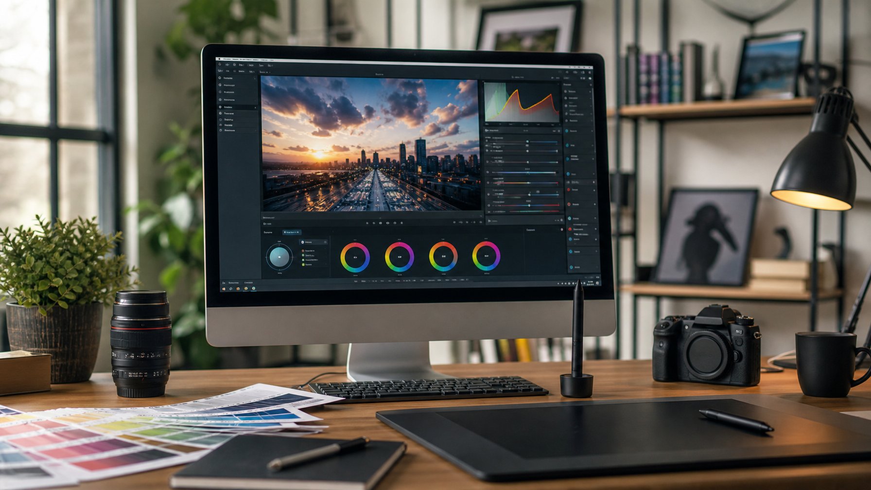 Sebuah ruang kerja editing foto dengan komputer, tablet digital, dan perlengkapan fotografi di atas meja.