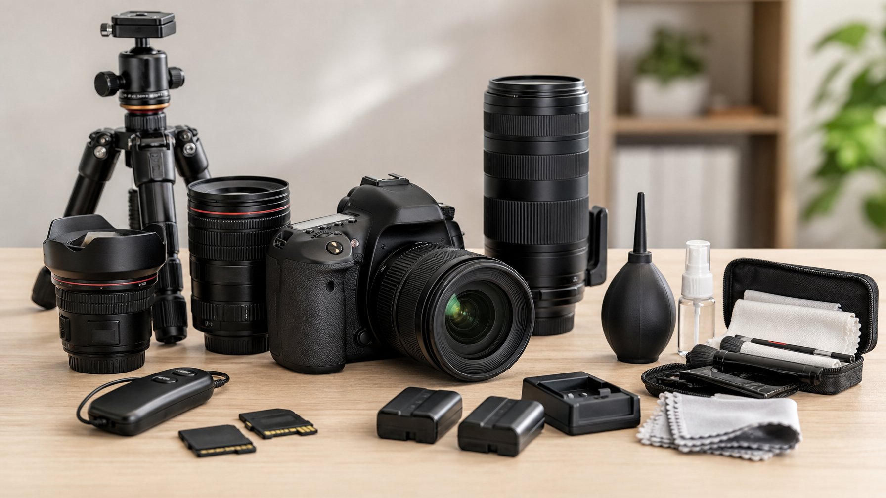 Peralatan fotografi lengkap termasuk kamera, lensa, tripod, dan aksesori lain yang tertata rapi di atas meja.