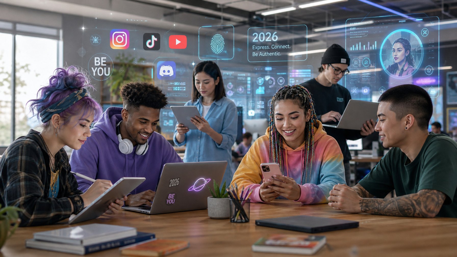 Sekelompok orang muda bekerja bersama menggunakan perangkat digital di ruang kerja modern dengan latar belakang elemen digital futuristik.
