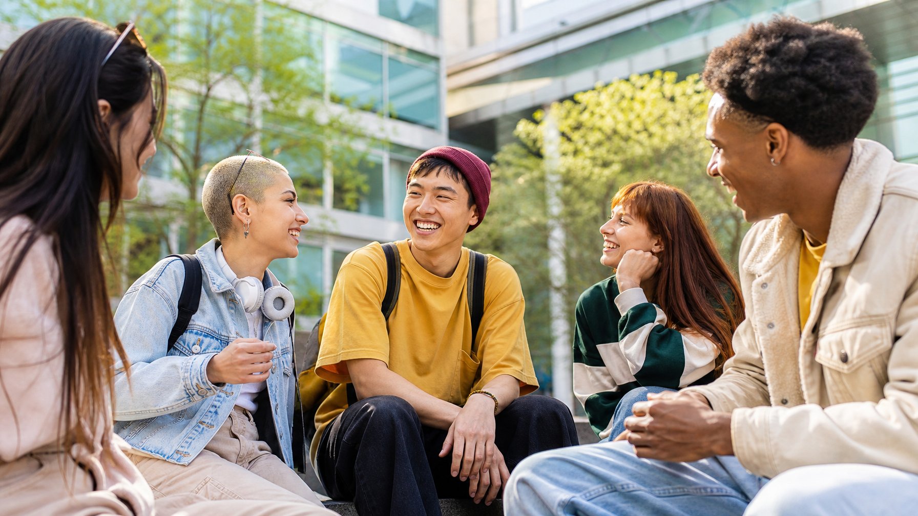 Sekelompok orang muda dari Generasi Z sedang berinteraksi dengan percaya diri di lingkungan perkotaan yang cerah dan modern.