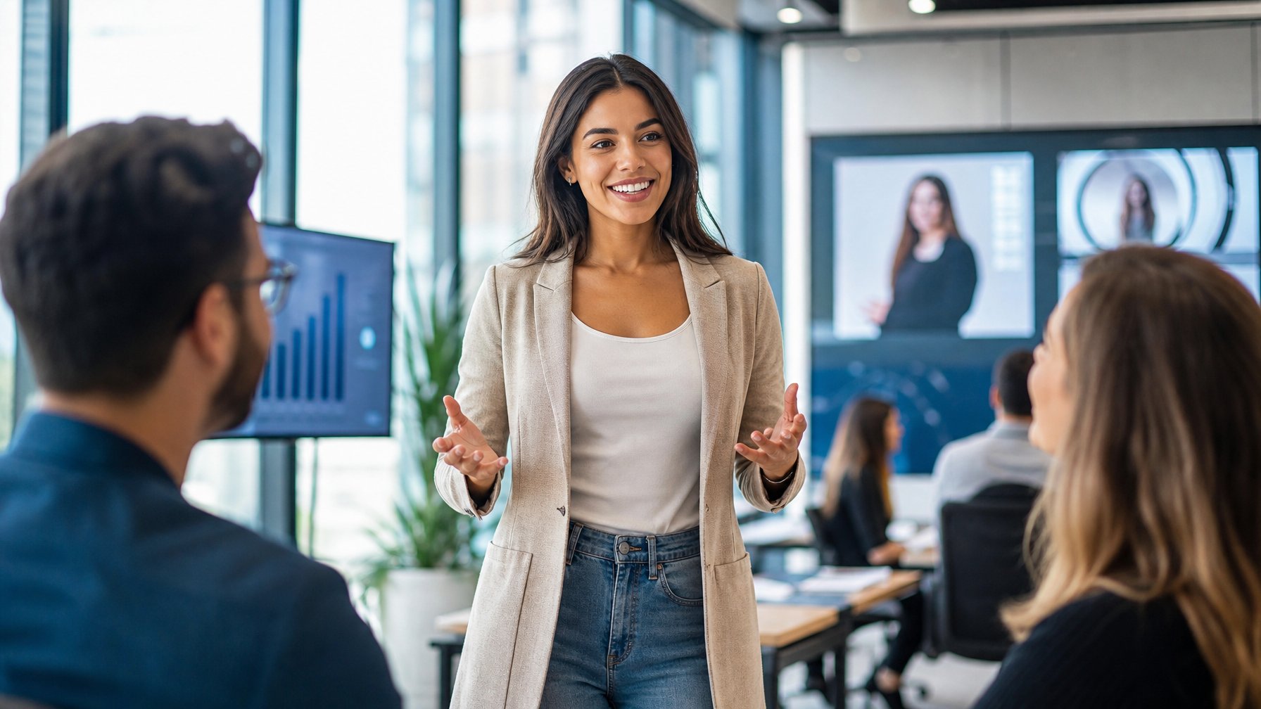 Seorang wanita profesional tersenyum dan berinteraksi dengan rekan kerja di kantor modern.