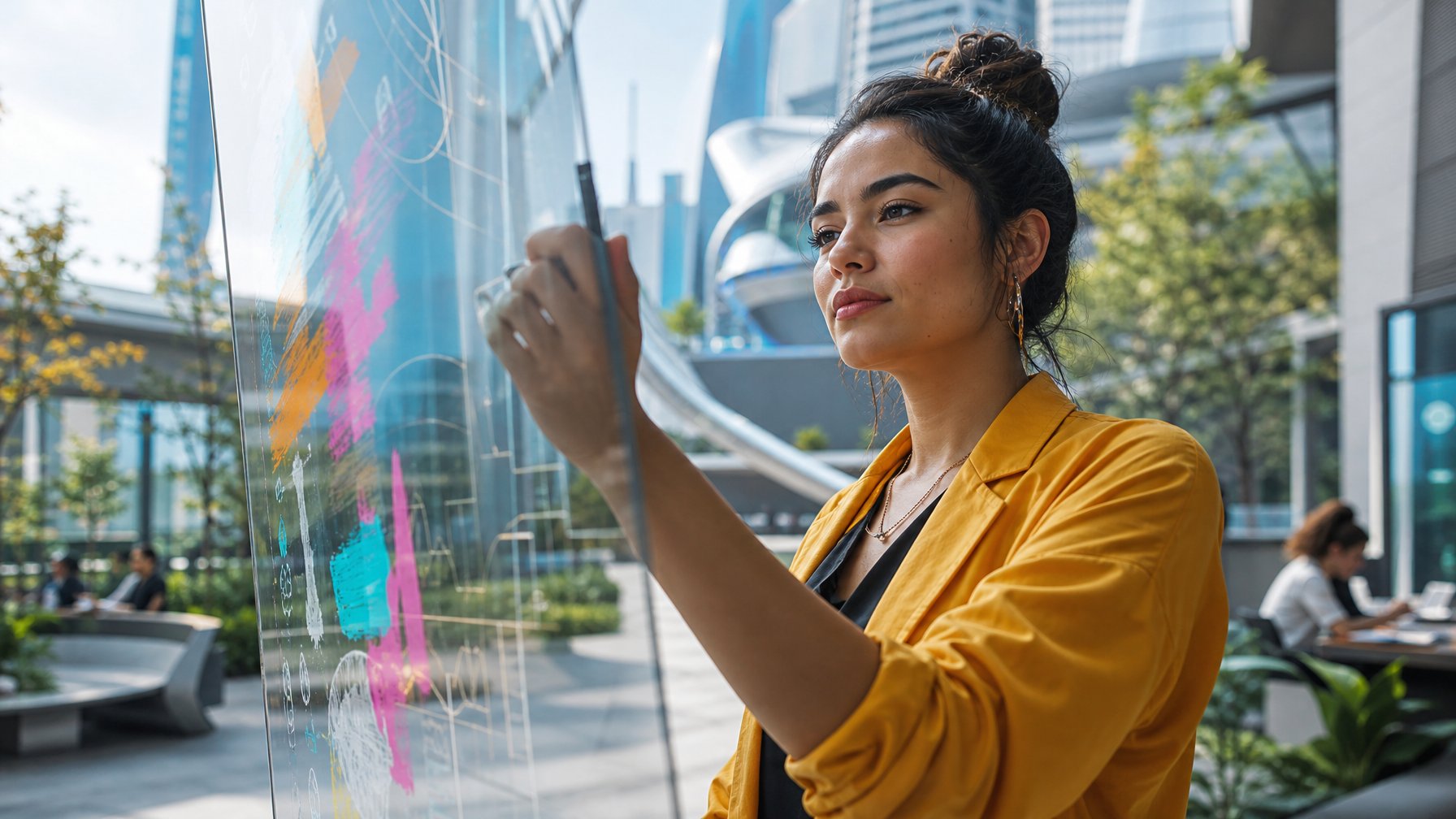 Seorang dewasa muda berdiri di lingkungan kota modern dengan pakaian kasual rapi, menunjukkan ekspresi diri melalui aktivitas kreatif, dengan latar belakang arsitektur futuristik.