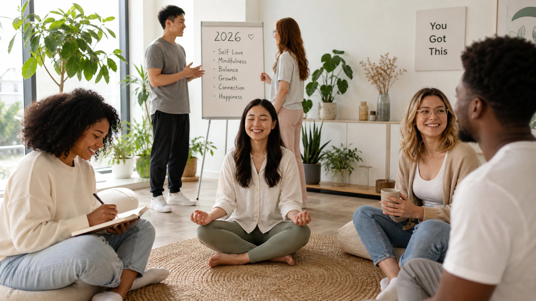 Sekelompok orang muda yang tersenyum dan berinteraksi di ruangan terang dengan tanaman hijau, menunjukkan ekspresi diri positif dan kesadaran diri yang sehat.