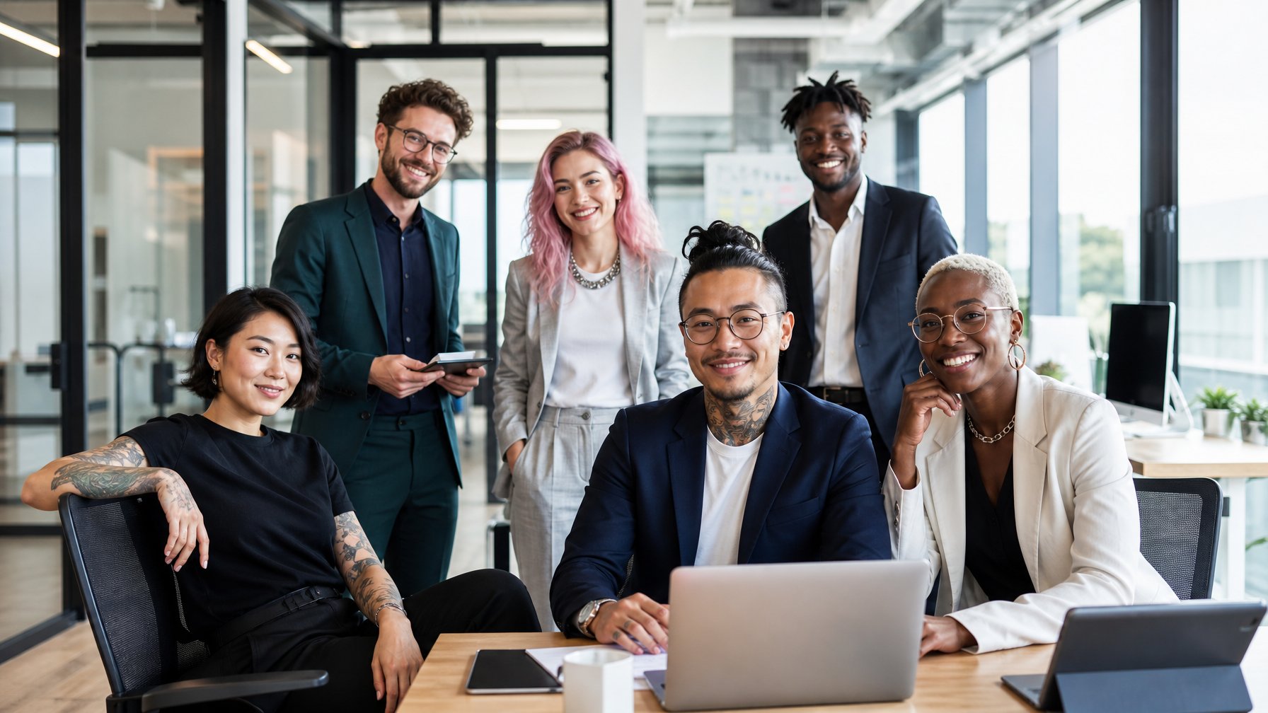 Sekelompok profesional muda dengan gaya unik bekerja bersama di kantor modern yang terang dan terbuka.