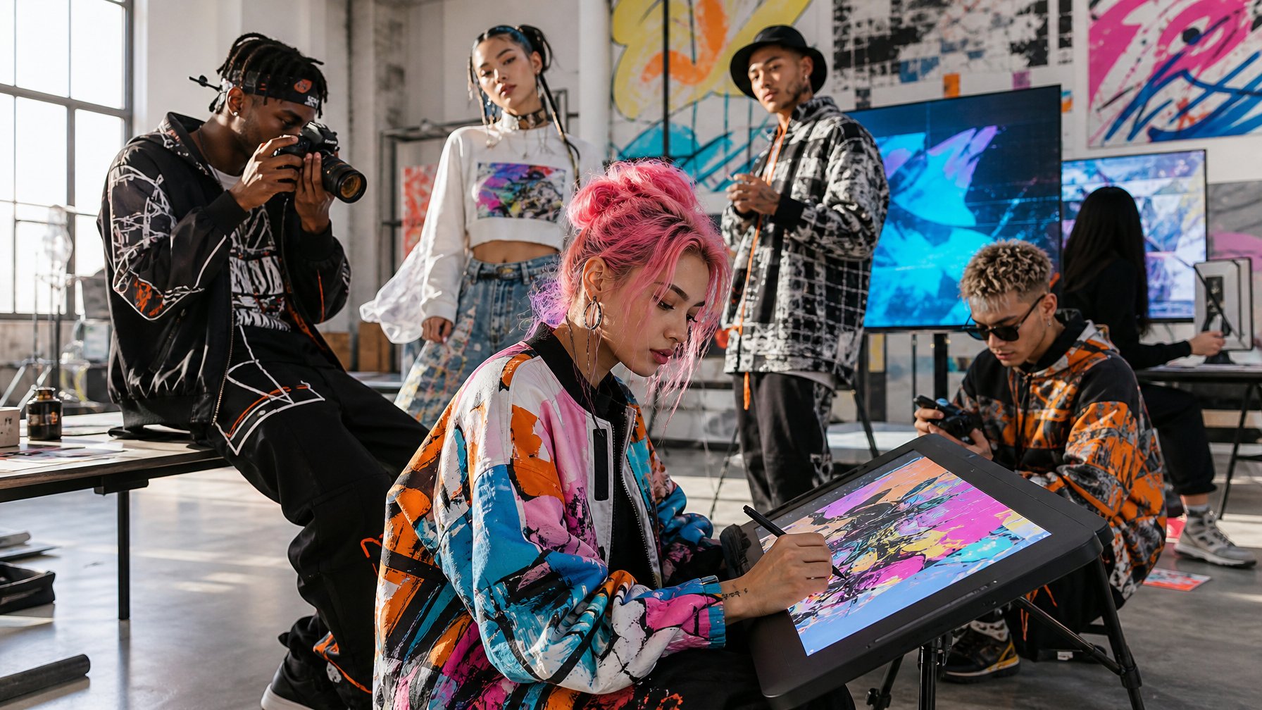 Sekelompok orang muda berpakaian modis sedang berkarya seni dan membuat konten digital di sebuah studio urban yang penuh warna.