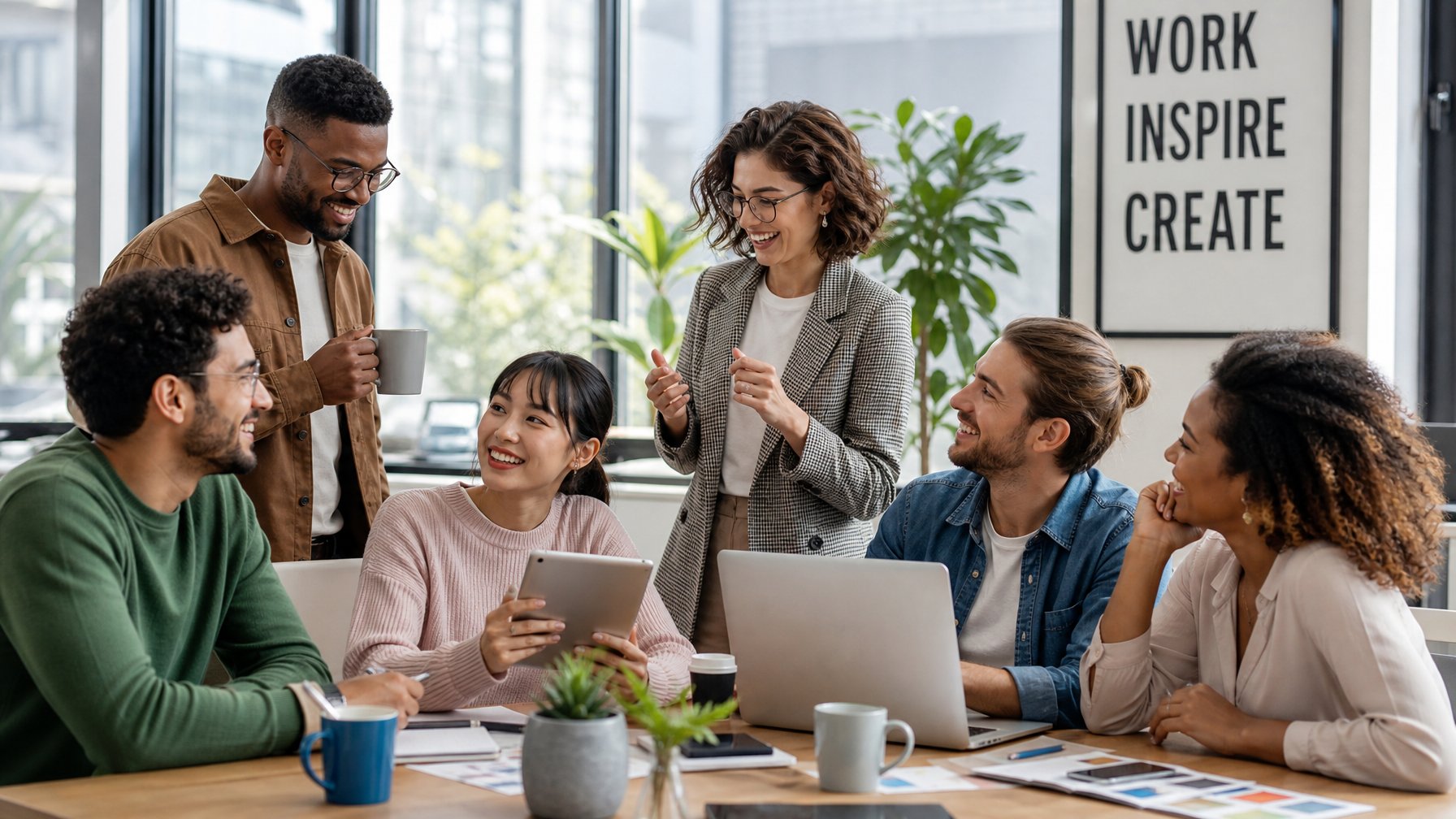 Sekelompok orang dewasa beragam sedang berinteraksi dan berbagi ide di ruang kantor modern yang terang dengan tanaman hijau.