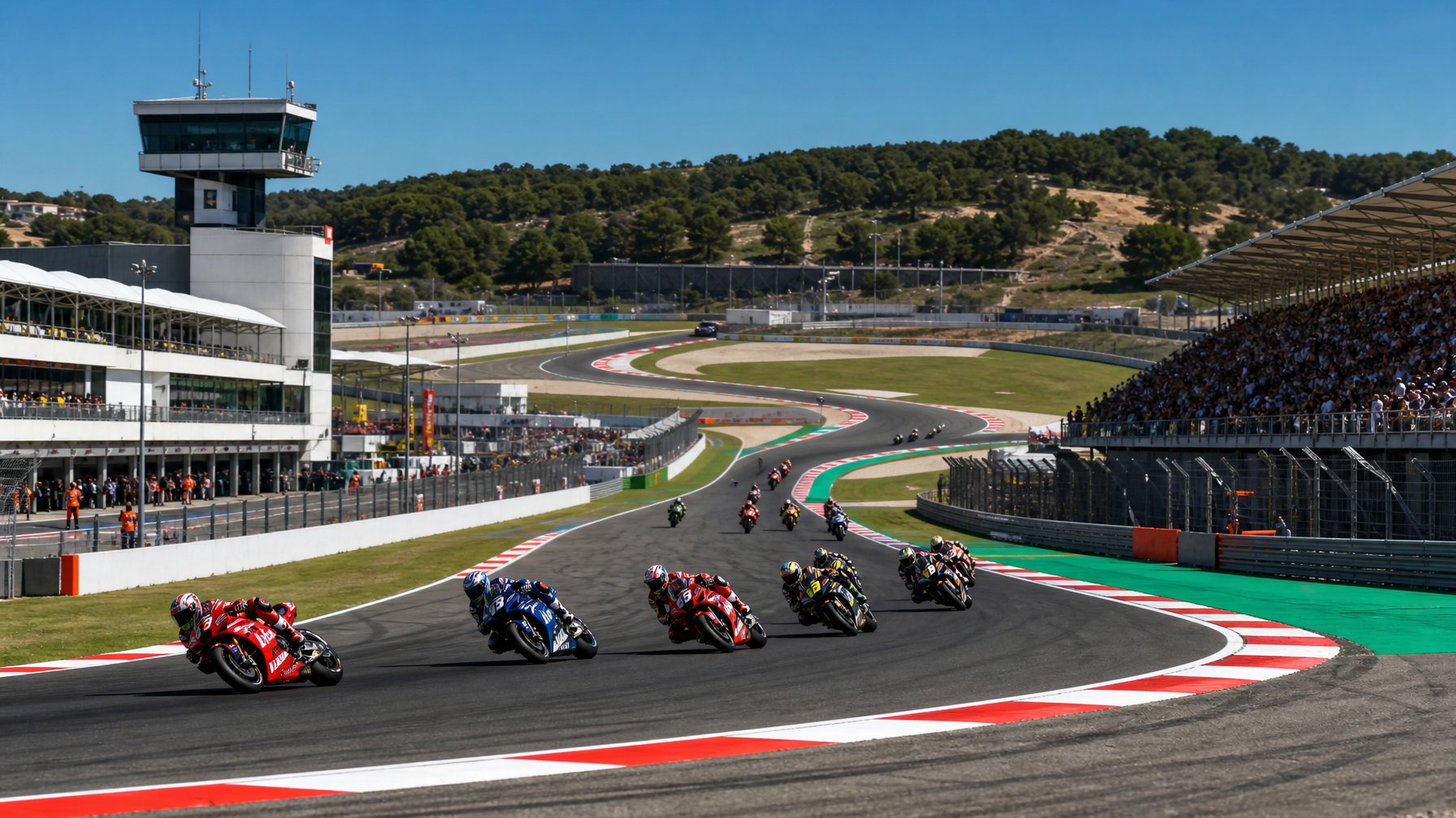 Pemandangan sirkuit MotoGP dengan motor balap melaju di lintasan dan penonton di tribun.