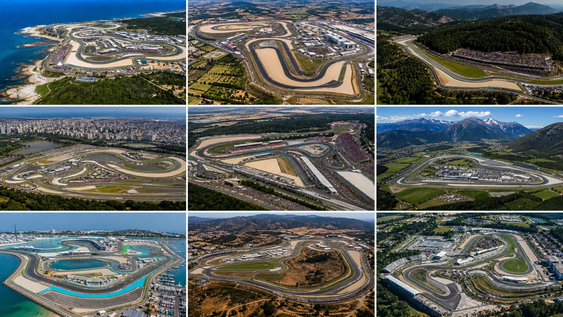 Pemandangan udara beberapa sirkuit MotoGP yang berbeda dengan trek balap yang jelas dan latar belakang alam serta kota.