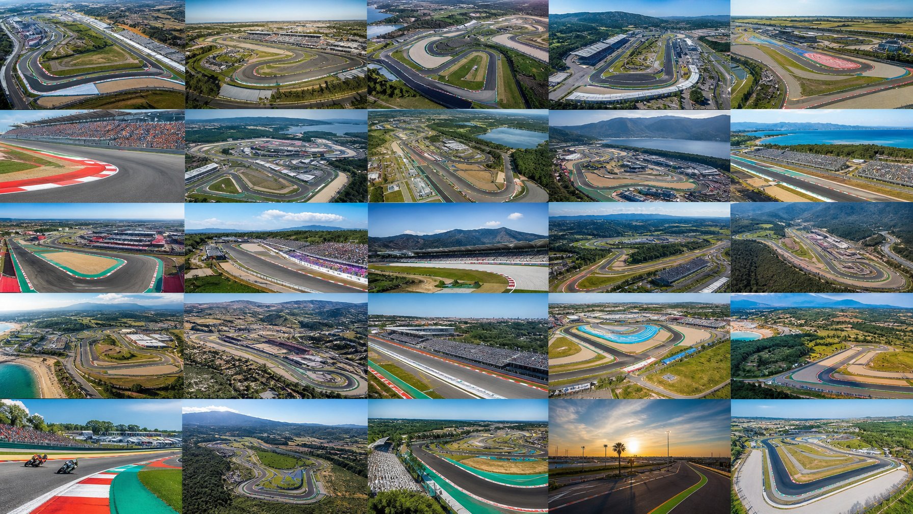 Kolase foto udara dan dekat dari berbagai sirkuit MotoGP dengan lintasan balap, tribun penonton, dan pemandangan sekitar yang hijau dan cerah.