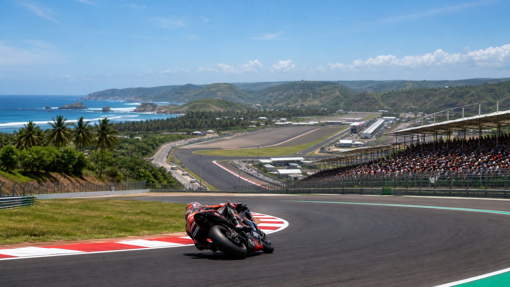 Pemandangan sirkuit Mandalika dengan sepeda motor MotoGP yang sedang melaju di tikungan, dikelilingi oleh pepohonan hijau dan penonton di tribun.