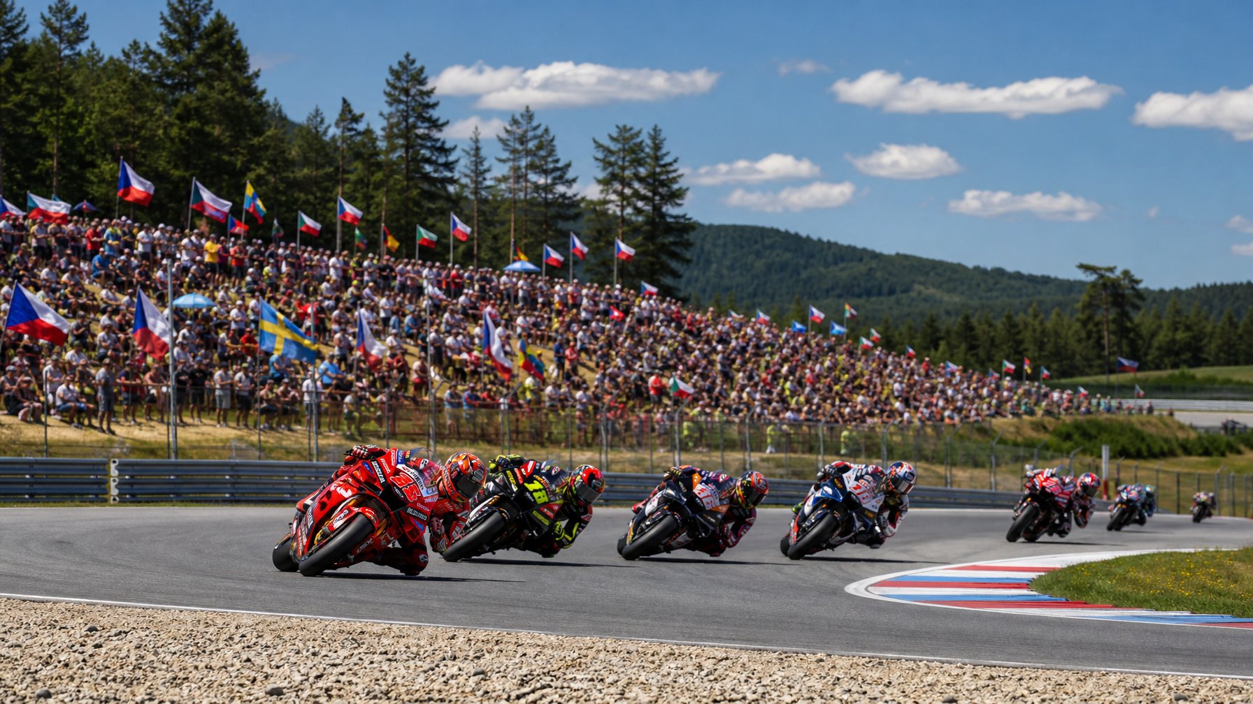 Balapan MotoGP di Sirkuit Brno dengan motor-motor melaju kencang di tikungan, penonton di tribun, dan latar belakang bukit hijau serta langit cerah.