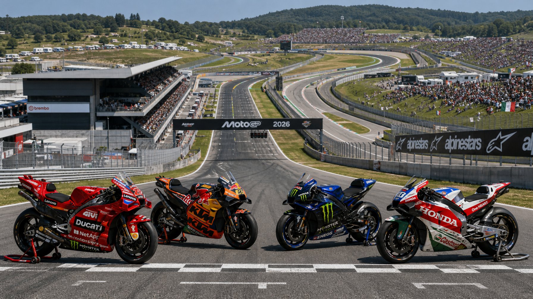 Pemandangan udara sirkuit MotoGP dengan empat motor balap dari Ducati, KTM, Yamaha, dan Honda di garis start, dikelilingi oleh penonton dan pemandangan hijau.