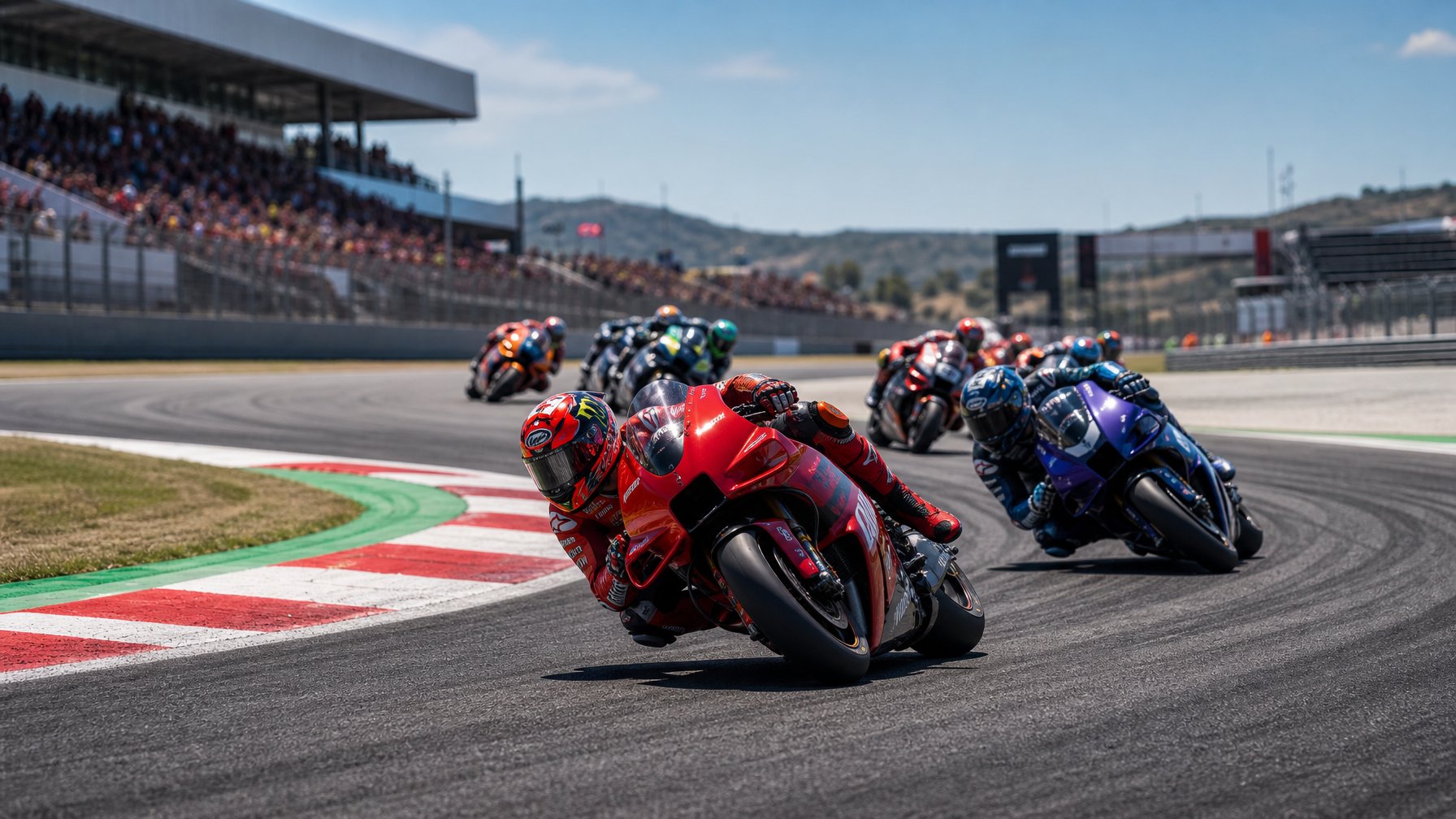 Sejumlah pembalap motor profesional sedang melaju cepat dan menikung tajam di sirkuit MotoGP yang ramai dengan penonton.