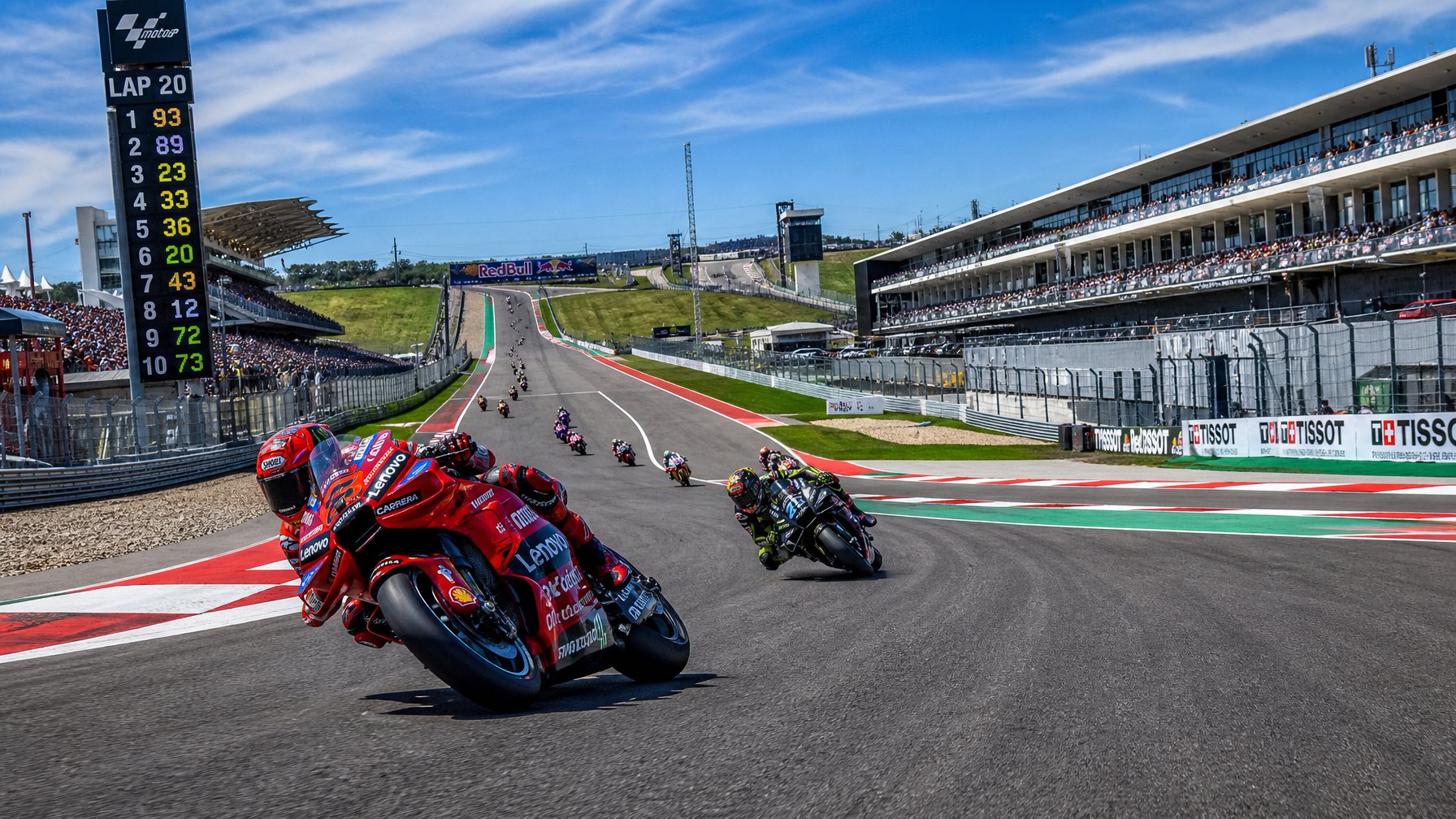 Sirkuit MotoGP futuristik dengan motor balap yang sedang melaju kencang dan tikungan tajam, di tengah penonton yang ramai.