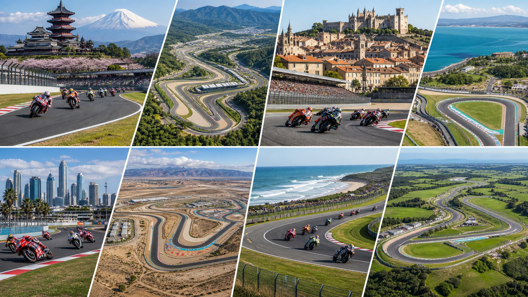 Kolase foto sirkuit MotoGP terkenal dari Asia, Eropa, Amerika, dan Australia dengan latar lanskap khas masing-masing benua.
