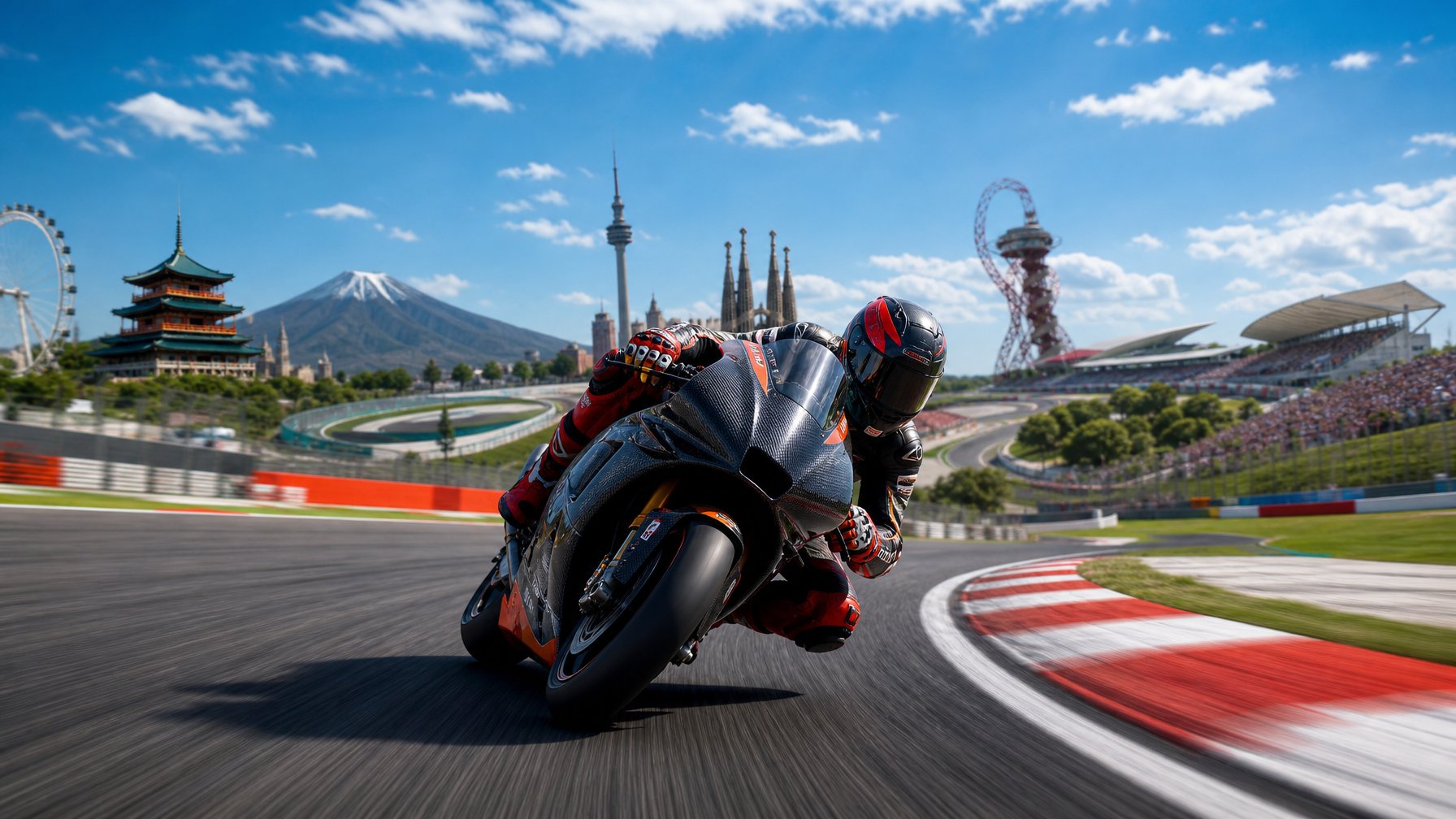 Sepeda motor balap MotoGP melaju kencang di lintasan dengan latar belakang yang menunjukkan berbagai sirkuit terkenal.