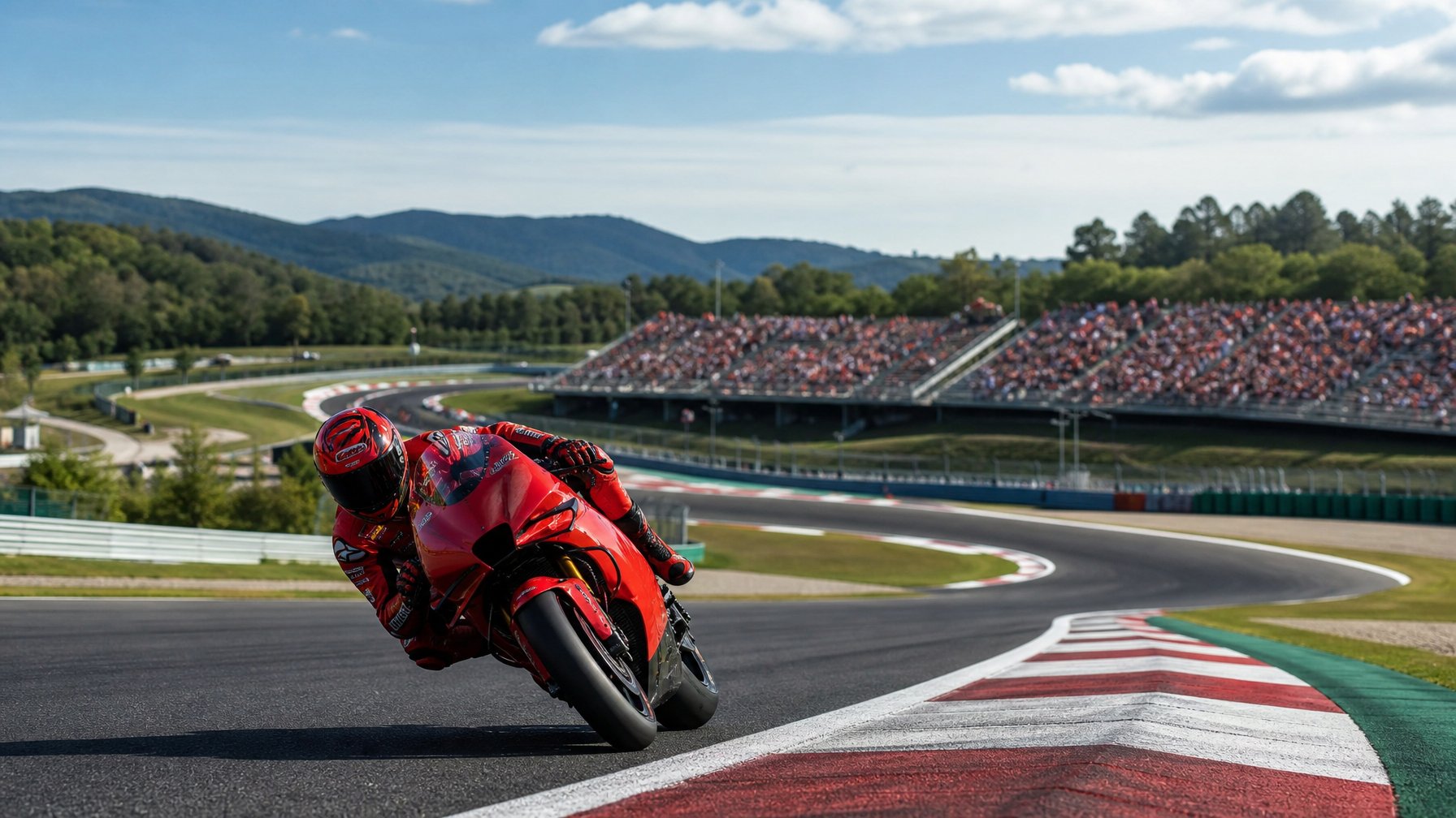 Sirkuit MotoGP dengan tikungan tajam dan motor balap yang sedang menikung di lintasan, dikelilingi penonton dan pepohonan.