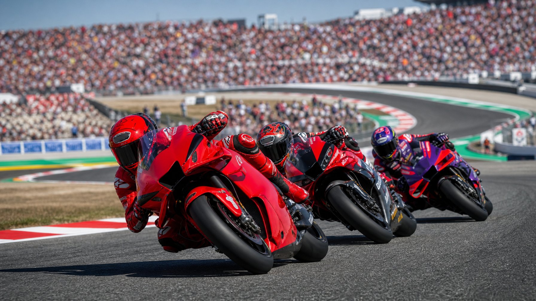 Tiga pembalap MotoGP sedang bersaing ketat di lintasan balap dengan penonton di tribun belakang.